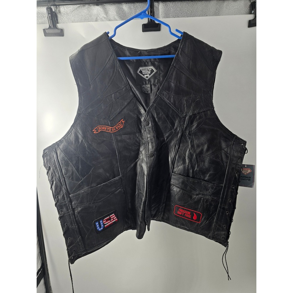 Diamond Plate Buffalo Leather Biker‎ Vest Mens 4X Black Patchwork Eagle Patches